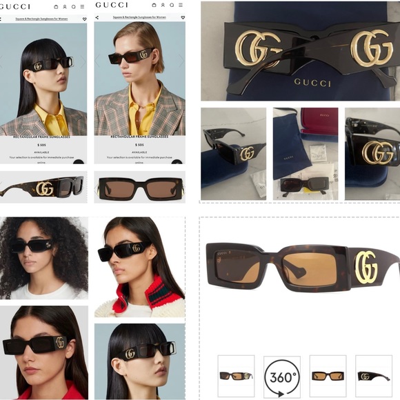 GUCCI SHINY TORTOISESHELL RECTANGULAR SUNGLASSES WITH BOLD GOLD “GG” LOGO ON ARM - Picture 1 of 16